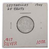 Silver Seychelles 1944 25 Cents