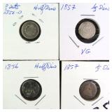 Four (4) Half Dimes incl. 1857 (2), 1856 Stars, ?