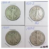 Four (4) Silver Walking Liberty Half Dollars