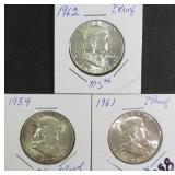 Three (3) Silver Franklin Half Dollars (Nice Ones)