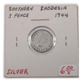 SILVEF Southern Rhodesia 1944 3 Pence Coin