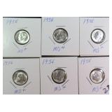 SIX (6) Mint State Silver 1956 Roosevelt Dimes