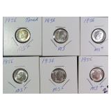 SIX (6) Mint State Silver 1956 Roosevelt Dimes