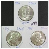 Three (3) Silver Franklin Half Dollars (Nice Ones)