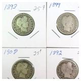 Four (4) Silver Barber Quarters