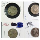 Four (4) NON SILVER 1942 Wartime Nickels
