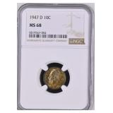 POP 5/3 1947-D Roosevelt Dime NGC MS-68 (Toned)