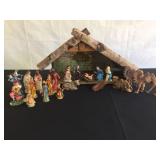 Wooden creche with nativity figures