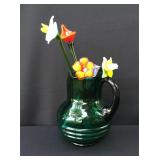 Emerald glass pitcher, hand blown glass flowers