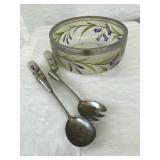Vtg hand painted salad bowl with matching utensils