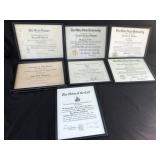 Vintage framed certificate lot