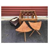 Leather folding tripod safari stools and table lot