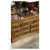 Oak queen bed with dresser and mirror