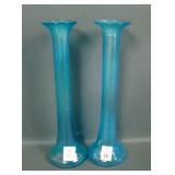 2 Diamond Blue Ribbed Paneled Bud Vases