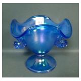 Fenton 1996 SGS Blue Dbl Dolphins Ruffled Compote