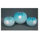 3 Victorian Blue Satin Glass White Cased Rose Bows