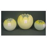3 Victorian Yellow Satin Glass Cased Rose Bowls