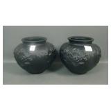 2 Tiffin Black Satin Glass Poppy Vases