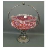 Moser Cranberry Enameled Decorated Brides Bowl