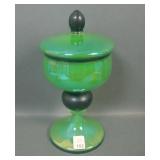 Signed Czech Green Iridized Covered Compote