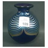 1987 Eorin Art Glass Blue/Gold Pulled Feather Vase