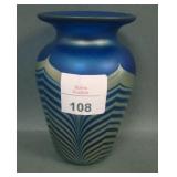 1988 Eorin Art Glass Blue/Gld Pulled Feather Vase