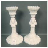 2 European Milk Glass "Goddess" Candlesticks