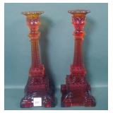 2 Red Amberina Eiffel Tower Candlesticks
