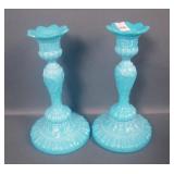 2 Blue Opaque Phoenix Bird Decoarted Candlesticks