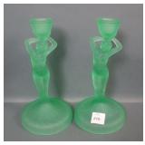 Pair of Art Deco Green Satin Candlesticks