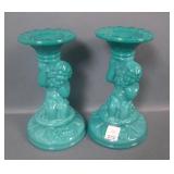 Two Pair Elegant Dk Green Opaque Candlesticks