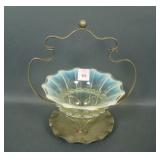 English Victorian Vaseline Opal Ribbed Condiment