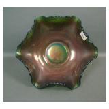 Fenton Grn/Mg Waterlily & Cattails Lg Ruffled Bowl