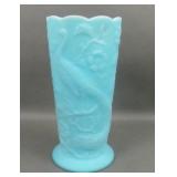 Fenton Blue Satin Peacocks Vase