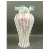 Fenton White Opal Striped Green Crest Feather Vase