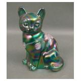 Fenton Green Decorated Iridised Cat Figurine
