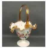 Fenton White Opalescent Floral Gold Crest Basket