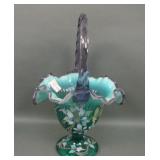 Fenton Green Opal/ Purple Crest Decorated Basket