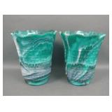 Two Imperial IG Green Slag Daisy Lamp Shade Vases