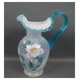 Fenton White Opal Swirl/ Blue Crest Decorated