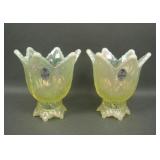 2 Fenton Vaseline Opal Tulip Votive Candle Holders