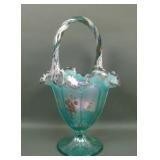 Fenton Aqua/ Purple Crest Decorated Paneled Baskt