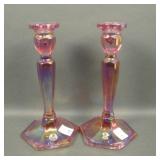 Fenton Pink Colonial Carnival Glass Candlesticks