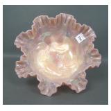 Fenton Pink Burmese Farmyard Ruffled Bowl
