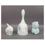 Lot of Three Fenton Blue Satin Decorated Items