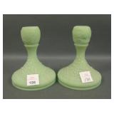 2 Lime Green Satin Glass Orange Tree Candlestcicks