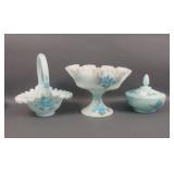 Three Fenton Blue Satin Rosed Decorated Items