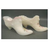 Two Fenton White Satin Glass Decorated Shoes