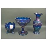 Three Piecc Imperial IG Blue Carnival Glass Lot