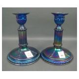 2 Imperial Blue Column Carnival Glass Candlesticks